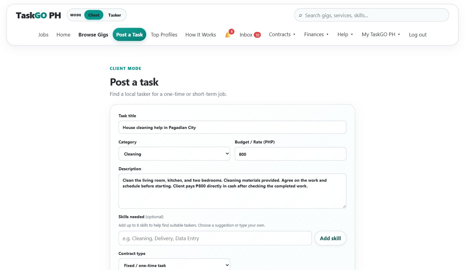 Client task post form filled with a house-cleaning task, an 800-peso budget, task details, and Pagadian City location.