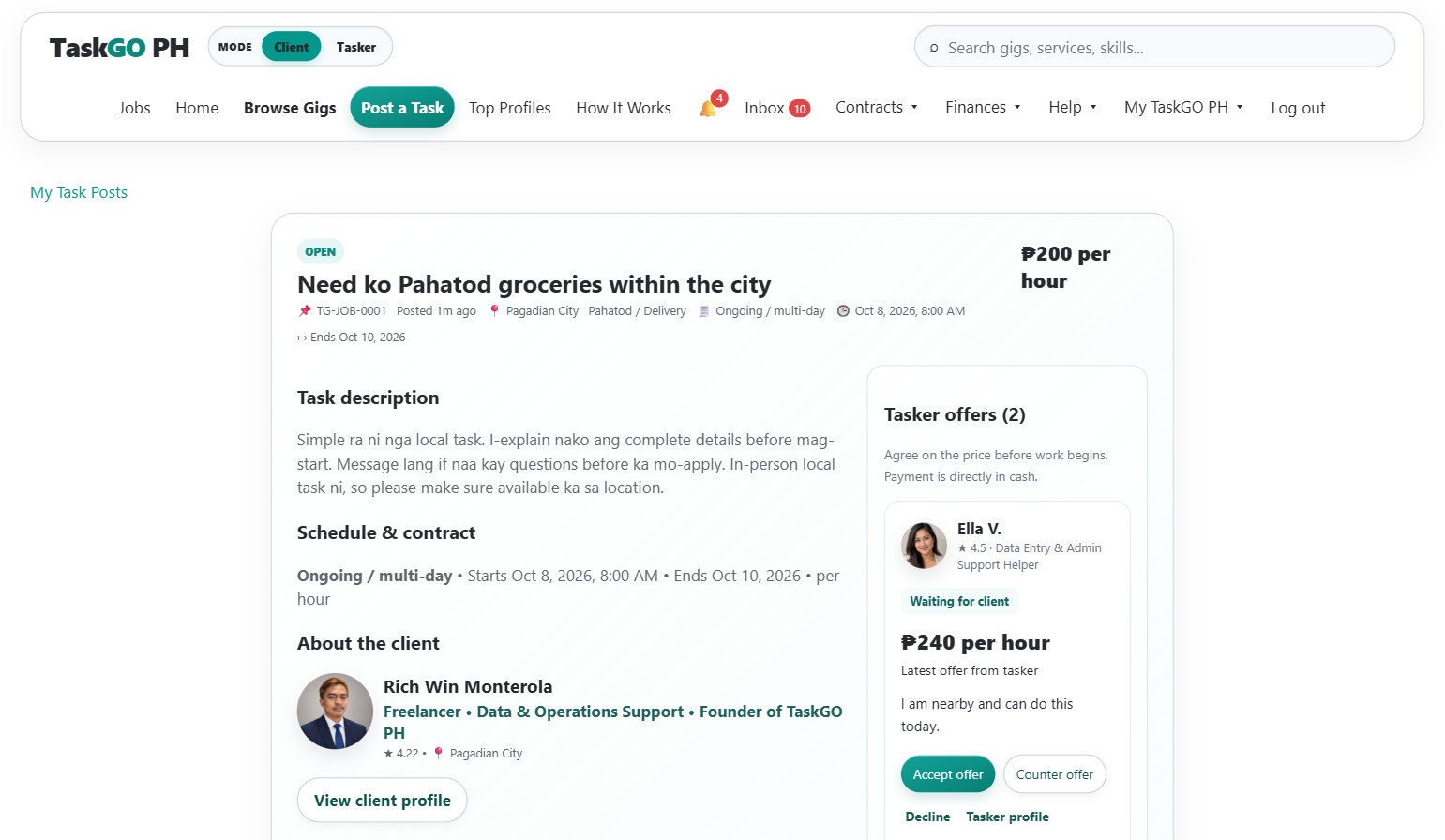 Client's posted delivery job with two tasker applications from Ella V. and Janelle M., showing ratings, proposed amounts, messages, Profile buttons, and Hire buttons.