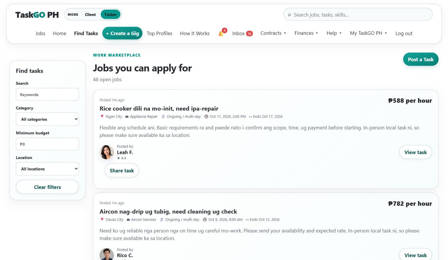 Tasker Find Tasks page filtered to Pagadian City, showing client job descriptions, budgets, and View job buttons.