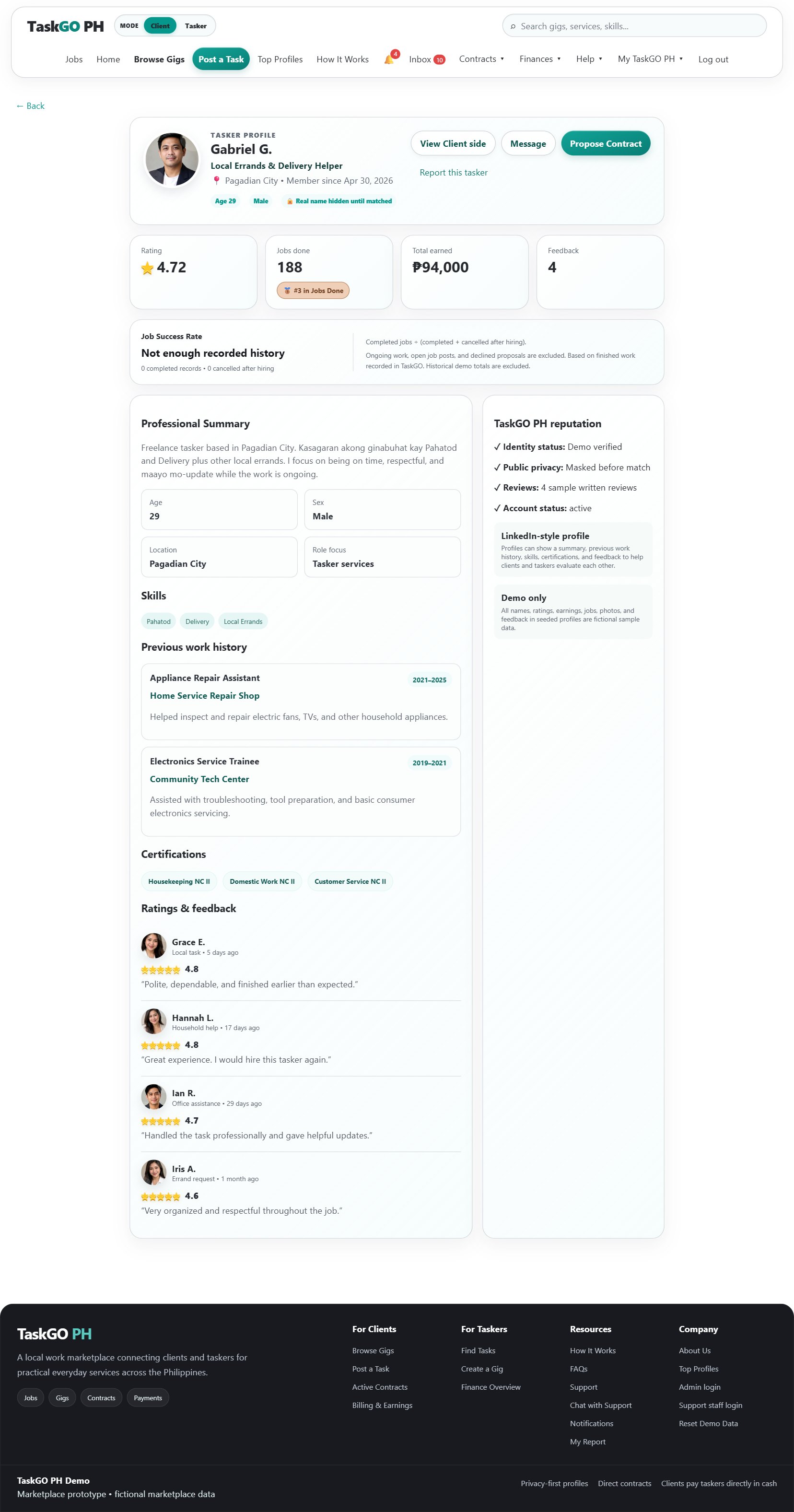 Sample tasker Gabriel G. in Pagadian City, with a 4.72 rating, completed jobs, skills, previous work history, and four written reviews from clients.